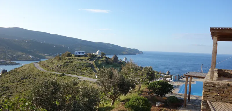 Wide panorama of Koundouros bay and the coastline seen from the villa terrace