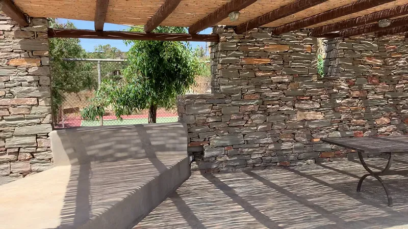 Shaded garden sitting area with stone table and olive trees