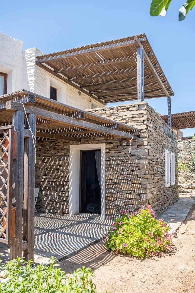 Panoramic Aegean Sea view from the terraced garden at Zephyros Stone Villa, Koundouros, Kea